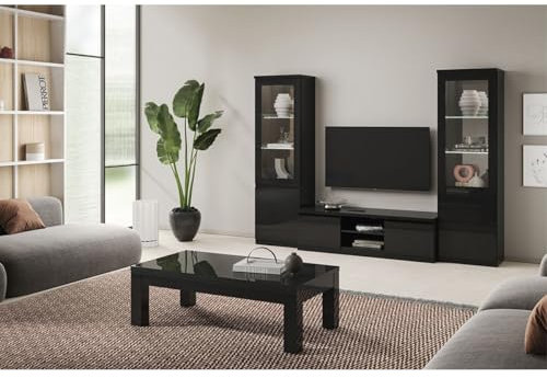 AltoBuy DEYTON - Ensemble Salon Complet Laqué Noir Meuble TV + Vitrines avec LEDs + Table Basse 127cm