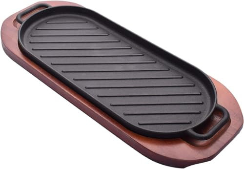 HPTHLY Ghisa, Piatto da Portata/Piatto da Bistecca in ghisa Pre-stagionato con Supporto in Legno per preparare Pizza, Carne sfrigolante -38 * 16 cm