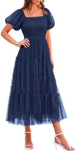 PRETTYGARDEN Women's Smocked Midi Tulle Dress 2025 Summer Puffy Short Sleeve Square Neck Ruffle Wedding Guest Party Dresses (Navy,Large)