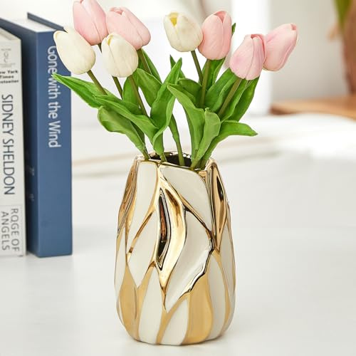 OTARTU Cream White Ceramic Vase for Flowers, Gold Flower Vase Modern Home Decor, Small Ceramic Vase for Pampas Grass Decorative Vase, for Farmhouse Coffee Table Bookshelf (Small)