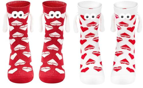 Feliciay 2 Paar Lustige Magnetische Socken für Paare,Unisex Pärchen Magnetische Hand in Hand Socken,3D Pärchen Socken mit Händen,Couple Socks für Geschenk Valentinstag Freundin (rot+weiß)