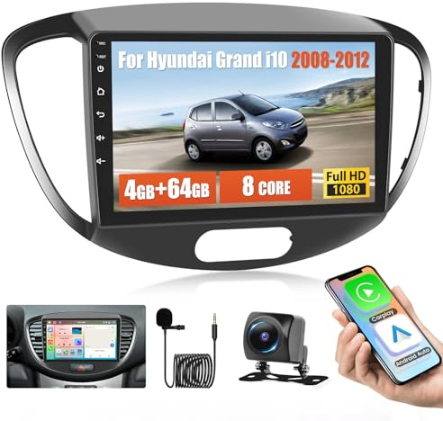 Hikity 8 Core 4+64G Android 13 Car Stereo for Hyundai i10 2007 2008 2009 2010 2011 2012 2013 Carplay Android Auto 9 Inch IPS Touchscreen Radio 59UI GPS Navigation WiFi 32EQ DSP Backup Camrea