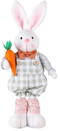 Jingmiger Osterhase Deko Hase, Osterhase Figuren mit Teleskop Beine, Ostern Deko Hase Plüsch, Osterhasen Plüsch Puppe mit Blumen und Karotten, Osterhasen Figur Frühlingsdeko für Zuhause