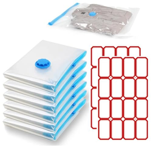 KEQAR Sacs de compression avec pompe, 6 pièces, Réutilisables, Sacs de rangement sous vide, sac sous vide vetement, aspirateur sac, Petites étiquettes autocollantes (30 * 40cm)