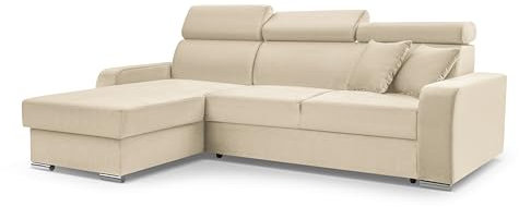 FurniShop24 Ecksofa mit Schlaffunktion und Bettkasten - Schlafsofa L Form 236x165 cm mit verstellbaren Kopfstützen und dekorative Kissen, Eckcouch Focus Beige