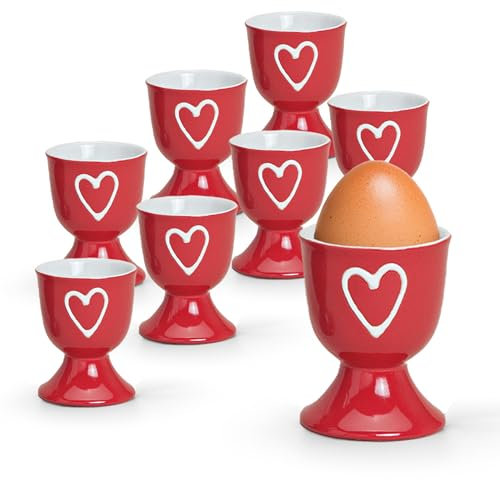Bunte Landhaus-Stil Eierbecher 8er Set rot - Runde Keramik Frühstücks-Eier Herzen Untersetzer