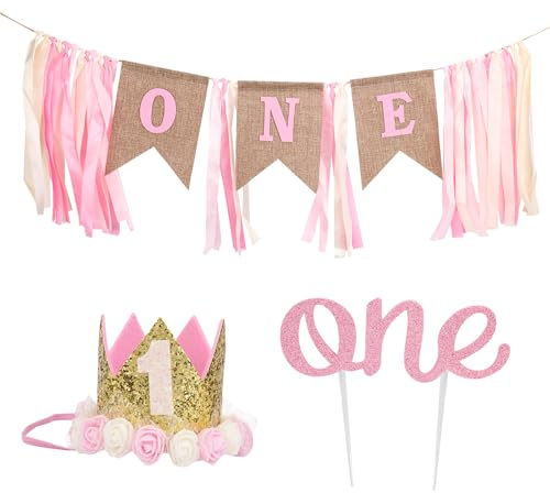Gosknor Erste-Geburtstags-Dekoration für Mädchen, Hochstuhl-Banner Glitzer-Kuchen-Topper & Party-Hut-Set Rosa Blumenmuster Einjahres-Geburtstags-Partyzubehör für Foto-Hintergrund