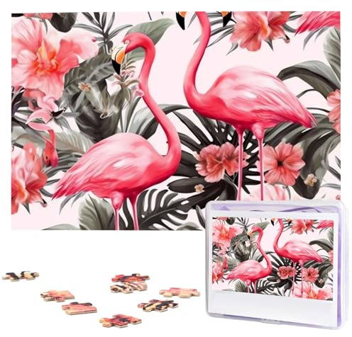 Flamingo Floral Printed Puzzles from Photos 1000 Pieces Personalized Wooden Puzzle Challenging Jigsaw Puzzles for Adults Custom Picture Puzzle Gifts for Family Wedding Friend
