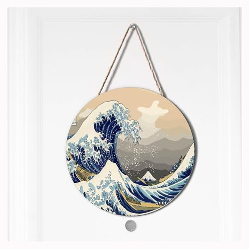 Ceutoiy The Great Wave Off Kanagawa Welcome Wreaths For Front Door, Japanese Great Wave Welcome Sign Wooden Door Hanger Signs Door Wreath Wall Decor Party Office Home Hotel Garden