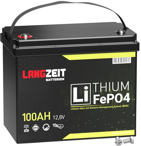 LANGZEIT Batteria LiFePO4 100Ah 12V Mini Batteria al litio con BMS – Batteria Solare per Camper, Barca, Fotovoltaico, Caravan, Off-Grid