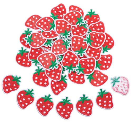 HOBBIESAY 40Pcs Cute Strawberry Patches Bulk Iron On Sew On Strawberry Embroidery Appliques 1.3x1.7 Inch Mini Fruit Cloth Badges Fruit Repair Patches Red for Clothes Hats Bags DIY Crafts