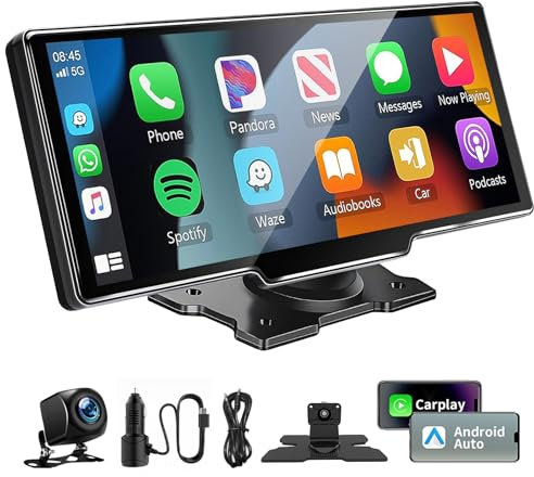 Schermo Wireless Carplay per Auto, Tablet Bluetooth 10.26 Pollici con Car Play, Android Auto, 1080P HD Fotocamera Posteriore, Navigazione GPS, FM, AUX, Controllo Vocale