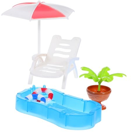 HEMOTON Miniature Dollhouse Swimming Pool with Beach Chairs Umbrellas and Swim Rings Mini Plants Furniture Model for DIY Fairy Garden and Interactive Role Play
