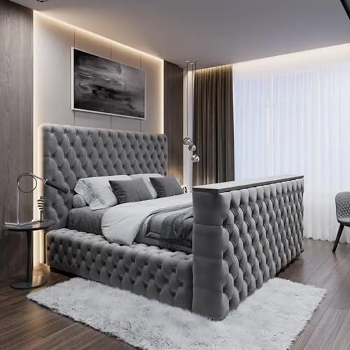 ark future Empress TV Bed with Built-in TV Storage – Luxury Bed Frame with Remote Lift Mechanism – Premium Upholstered Bed (Mattress not Included) – Grey – 5FT King Size