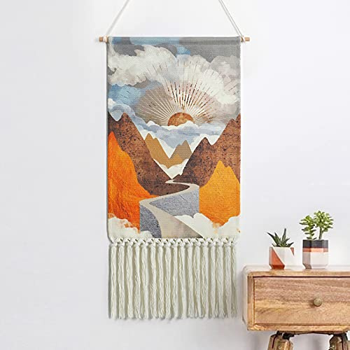 Betylifoy Makramee Wandbehang Makramee Deko Makramee Gewebter Wandbehang Wandteppich Boho Für Wohnzimmer, Schlafzimmer Deko (Berge und Sonnenaufgang)