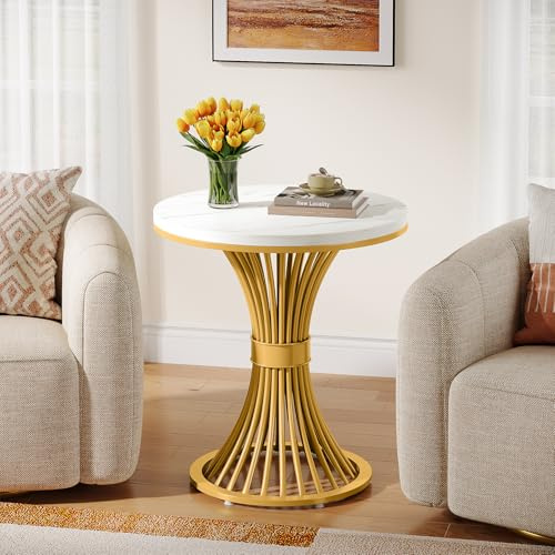 Tribesigns Table d'appoint Ronde, Moderne Bout de Canapé, Petite Table de Chevet en Faux Marbre avec Base en Métal Doré, Table Basse en Bois pour Salon, Chambre, Côté Canapé, Blanc & Or