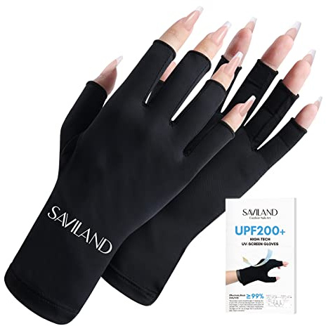 Saviland UV Gloves for Gel Nails: UPF200+ High-tech UV Protection Gloves | Anti UVA&UVB 999+ UV Nail Gloves, Skin Care Fingerless Gloves, Protect Hands from UV Harm, for Nail Salon Home Use, (Black)