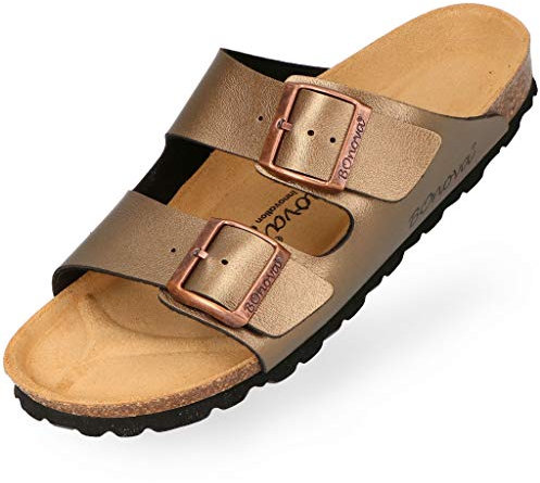 BOnova Schwanberg Damen Bonoflor bronze in Größe 39. Sommersandale mit Kork-Fußbett. Hausschuh für das ganze Jahr. Hergestellt in der EU.