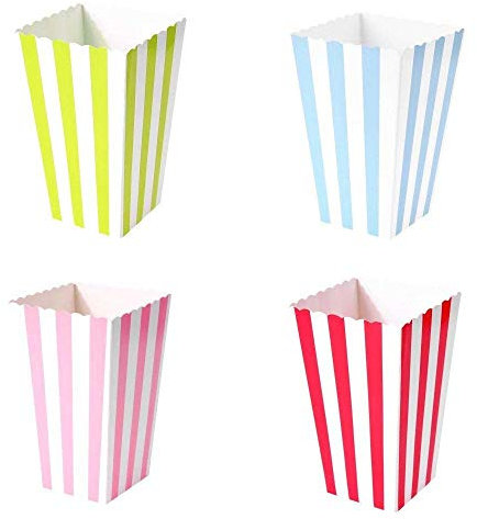 JZK 48 Piezas Cajas de Palomita, Multicolor Raya Cajas de Palomitas de Papel, Caramelo Contenedor, Caja de regalo para recuerdos de fiesta de cumpleaños para niños, Rosa Azul Rojo Verde