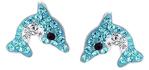 FIVE-D Kinder Ohrringe Delfin aus Kristall 925 Sterling Silber (Blau-Weiss)
