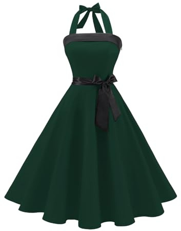 Timormode Womens Halter 1950s Dress Tea Party Swing Cocktail Dresses | Polka Dot and Solid Color Styles, Audrey Hepburn Dresses, A-Line Retro Cocktail Dress, Tea Party and Wedding Guest Occasions