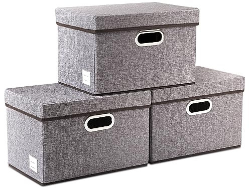 Prandom Cajas de Almacenamiento Plegables con Tapas [Paquete de 3] Contenedores de Almacenamiento Plegables de Tela de Lino (38 x 25 x 25 cm)