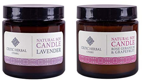 Celtic Herbal Natural Soy Candle Multipack | Rose Geranium & Grapefruit | Lavender | Ethically Sourced, Sustainable Soy Wax - Clean Burning & Long Lasting