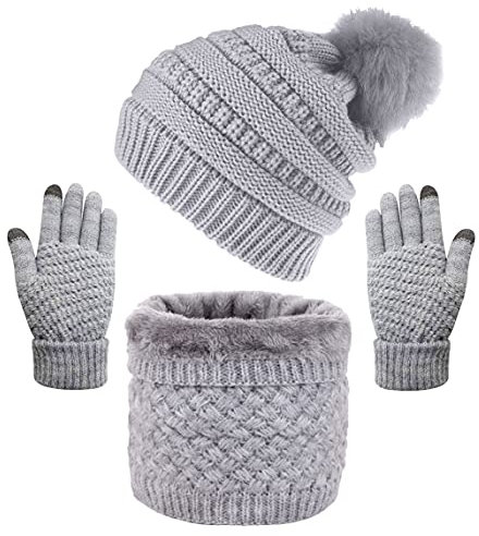 CheChury Damen Kombi Set Schal Mütze Set Loop Schal Gestrickt Beanie Strickmütze Fleece Bommelmütze Pompon Touchscreen-Handschuhe Strick mit Kreis Geschenkset für Frauen,Grau-1