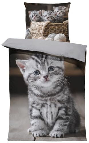 one-home Bettwäsche 135x200 cm Mikrofaser Bettbezug Fotodruck modern weich und kuschelig für Sommer und Winter geeignet, Farbe:Katzen grau, Größe:4 teilig 135x200 cm