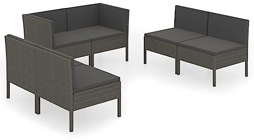 vidaXL Gartenmöbel 6-TLG. mit Auflagen Ecksofa Mittelsofa Sitzgruppe Sofa Lounge Garten Garnitur Gartenset Gartensofa Poly Rattan Grau