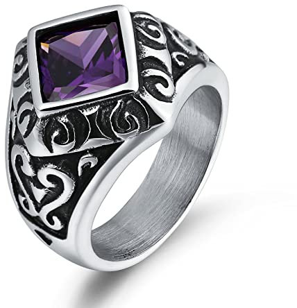 Ayoiow Ring Edelstahl Herren, Ring Männer Biker Filigraner Vintage Ring mit Violettem Zirkonia Ring Größe 62 (19.7)