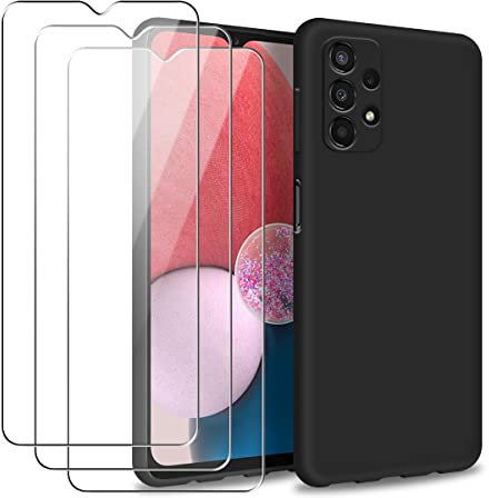 Funda para Samsung Galaxy A13 4G con Tres Cristal Templado Protector de Pantalla, Negro Suave Líquido Silicona Protectora Carcasa para Samsung Galaxy A13 4G 6.6