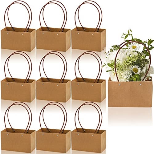 DEAYOU 10 Pack Kraft Paper Flower Gift Bags, Brown Bouquet Bag Box with Handle, Small Brown Paper Carrier Tote Bags with Waterproof Lining for Floral Arrangements, Party Favor, Ultra Thick,22×10×5.3cm
