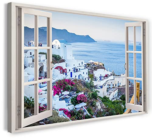Printistico Bilder Fensterblick 80x60cm Baumwoll-Leinwand auf Keilrahmen mit Aufhänger moderner Kunstdruck XXL Wandbilder Wand-Dekoration Griechenland Weiße Gebäude Meer Klippen - Natur-Fotografie