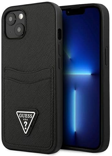 Guess GUHCP13SPSATPK Hard Case for iPhone 13 Mini 5.4 Inches Black with SaffianoTriangle Logo Card Slot