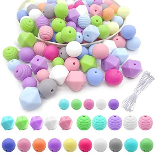 CKANDAY 60 Stück Silikonperlen für Schlüsselanhänger, 4 Arten bunt rund Gummi-Bastelperlen-Set für Girlanden Armbänder Schmuck Halskette DIY Handwerk Girlanden Schlüsselbänder Regenbogenfarben