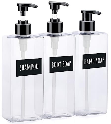 Segbeauty Botella de Champú Reutilizable 3 Piezas, 500ml Dispensador de Jabón Transparente, Botella de Emulsión con Etiqueta Impermeable, Decoración del Cuarto de Baño para Hotel, Salón de Belleza
