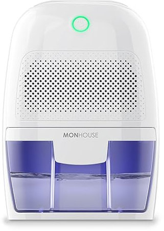 MONHOUSE Deshumidificador 600ml Portatil, Compacto Y Silencioso - Mini Deshumidificador De Aire Para El Hogar, Oficina, Garaje, Caravana Y Sotano - Eliminador De Moho Electrico - Blanco Y Morado
