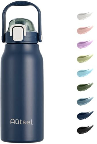 Autsel Stainless Steel Water Bottle 1.7L Insulated with Straw Lid and Handle Sports Drink Flask Thermos Double Walled Metal Vacuum for Work, Gym, Travel, Hiking, Biking, Navy Blue