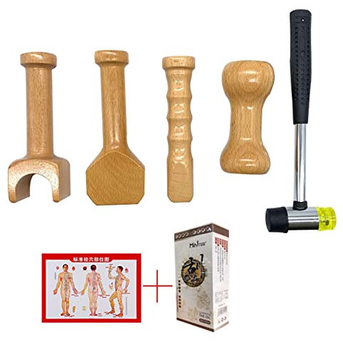 Chiropractic Adjustment Tools Hammer and Chisel,Pack 4 Hammer,Wedge Massager Wooden Tool Deep Tissue Therapy,Mother's Day Gift,Tok Sen Tools(Color:Wood Color,Size:a Set)
