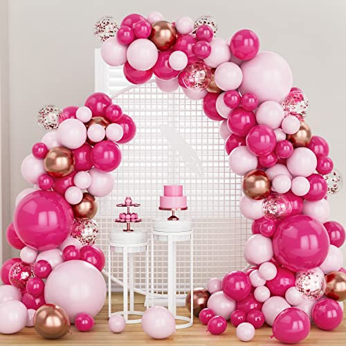 Pink and Hot Pink Balloon Arch Kit, 144Pcs 5 12 18 Inch Pink Rose Gold Metallic Confetti Party Balloons Garland for Birthday Baby Shower Wedding Engagement Anniversary Party Decorations Supplies