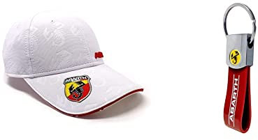 Abarth Casquette Blanche Visière Courbée & 21774 Porte-clés Officiel Rouge, Inscription, Scorpion Jaune