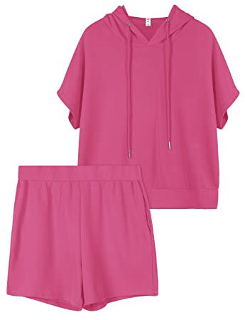 REORIA Damen Trainingsanzüge Kurzarm-Hoodie und fließende Shorts Jogginganzug Zweiteiler Overall Sommer Outfits Rosa L