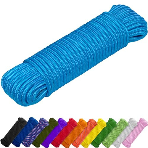 TECEUM Cuerda – Azul cielo – 90 pies x 1/4 pulgadas (7 mm) – Cuerda fuerte multiusos – Camping, manualidades, mástil de bandera, interior y exterior – Cuerda trenzada de nailon de polipropileno ligero