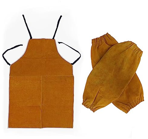 Leather Welding Apron, 25.6x39.4in Insulation Protection, Heat Resistant, Flame Retardant Work Apron for Men & Women (With Leather Welding Sleeves)