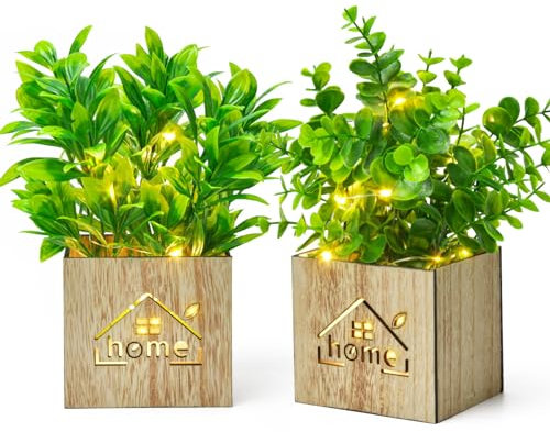 2 Set Kunstpflanzen mit LED in Holzkiste, Plastikpflanzen Eukalyptus Gladiolenblätter wie Echt Künstliche Pflanze im Topf, Deko Fake Pflanzen für Wohnzimmer Badezimmer Fensterbank Innen Deko