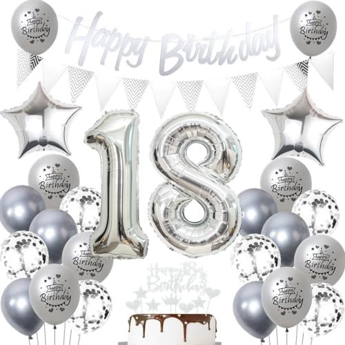 Silber 18 Geburtstag Luftballons, 18 Silber Geburtstagsdekoration , Ballon 18 Geburtstag Mädchen Junge, Geburtstagsdeko 18 Jahre, Luftballon 18. Party Dekoration