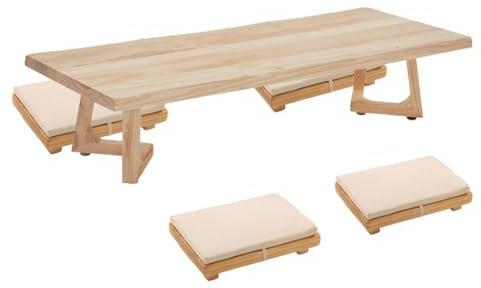 Couchtisch im japanischen Stil mit 4 niedrigen Hockern, niedriger Holztisch zum Sitzen auf dem Boden, japanischer Esstisch, Tatami-Tisch, einfach zu montieren,140x60x35CM