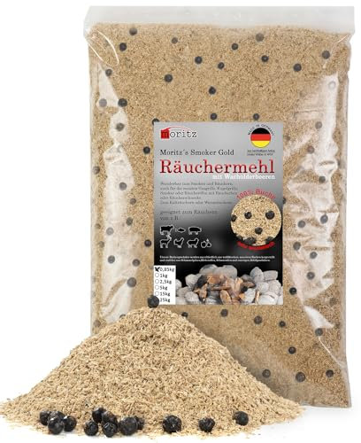 Moritz 0,85kg Räuchermehl Buche mit Wacholder fein 0,5-1 mm Räuchern I Kalträuchern von Fisch Fleisch Wurst Käse Gemüse auch für BBQ I Grill - Räucherspäne