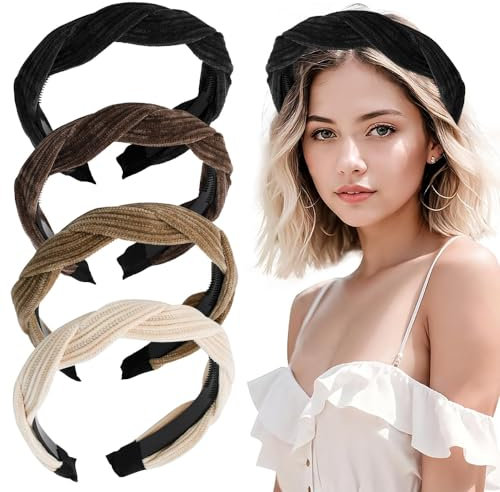 BUENTYA 4 Stück Samt Haarreifen Geflochten Stirnband Braid Haarband Damen Stoff Samthaarreif Stricken Trachten Haarreif Gepolstert Trachtenhaarreif Headband Breit Kopfband Geflochten für Mädchen